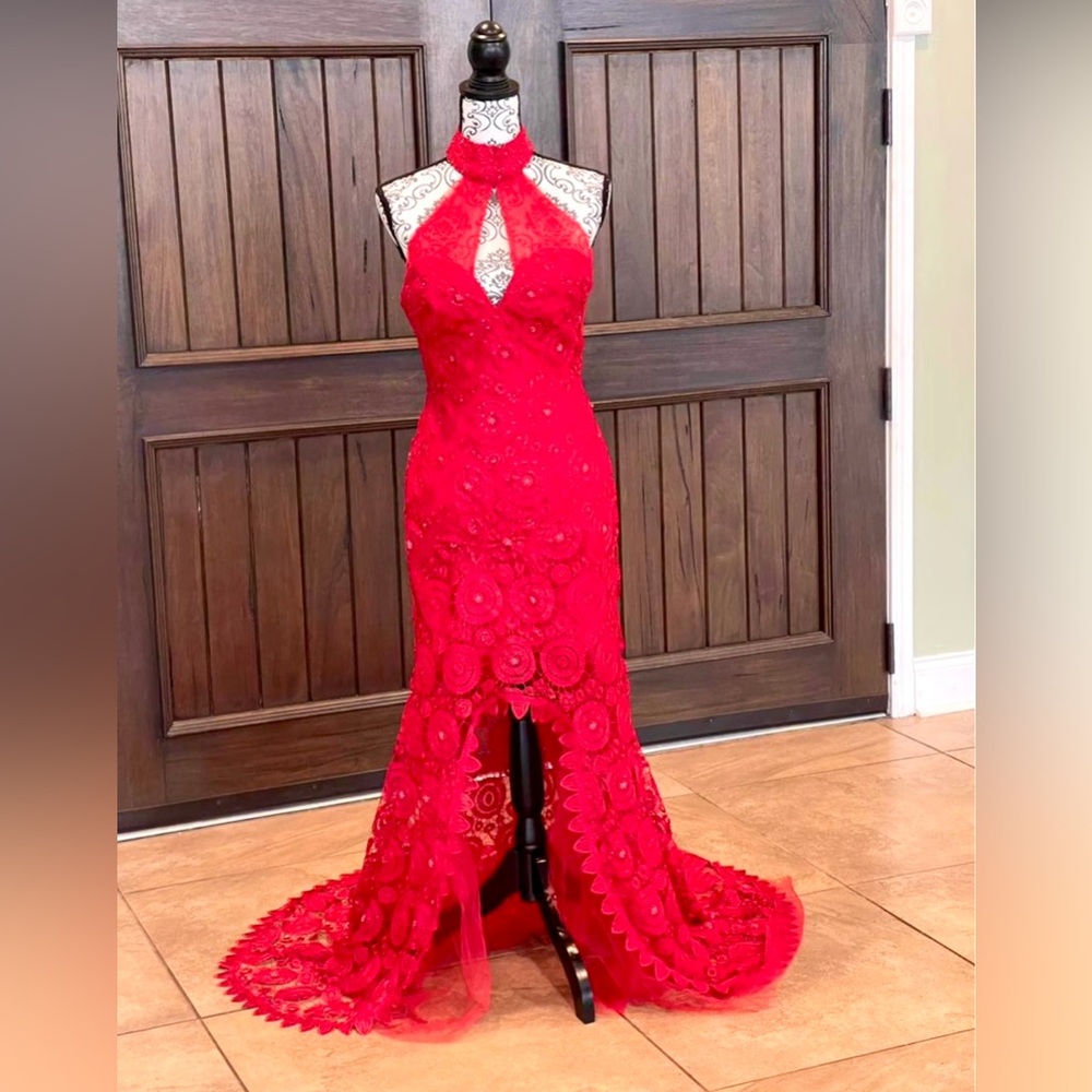Sherri Hill Embroidered Sequined Mermaid Long Gown. Red color, Size 6, new w/tag